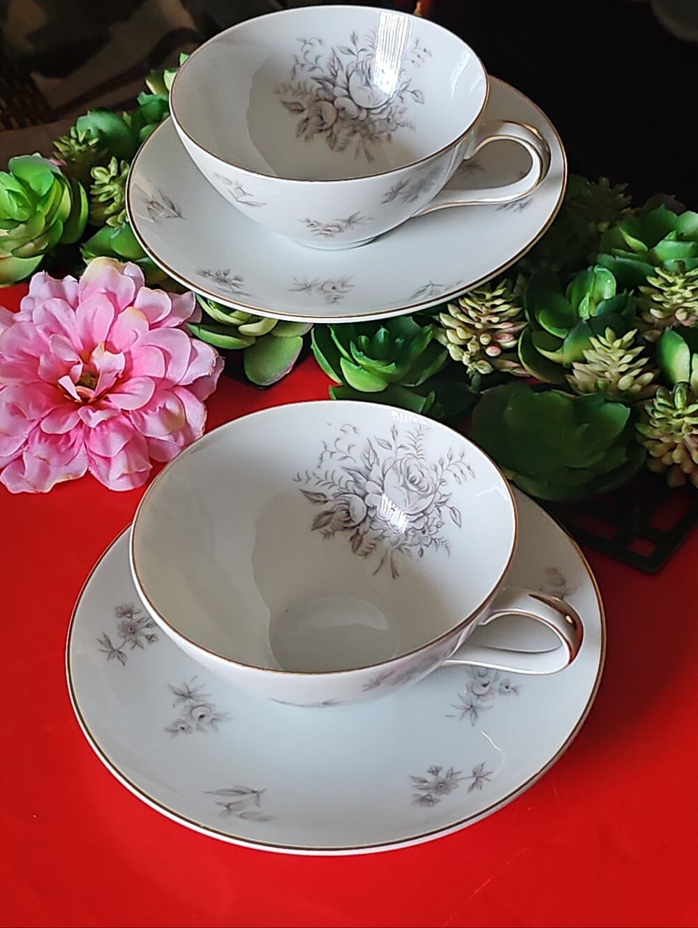 Set Of 2 Meito JAPAN "AMCREST Shadow Rose" Floral White Teacup and Saucer
